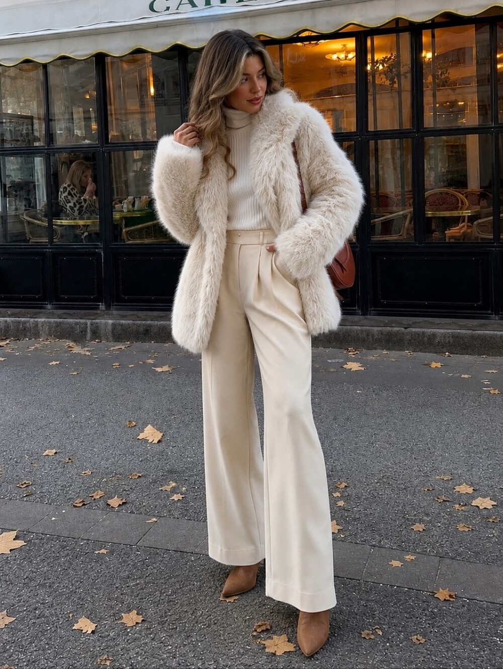 New Glam Faux Fur Jacket Coat Mid Length Short Off White Beige Cream